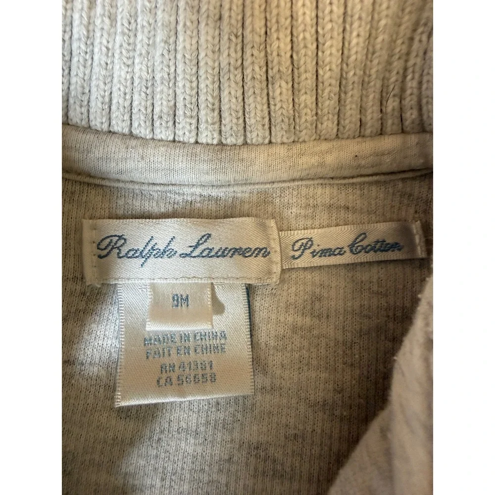 Ralph Lauren Knit Romper baby 9Mos Gray Pima Cotton Footed Coverall RL Crest
